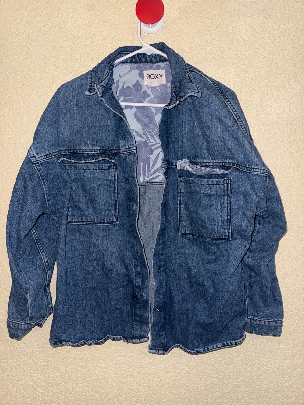 Title: ROXY Denim Shacket Jacket Blue Floral Lined Size XS